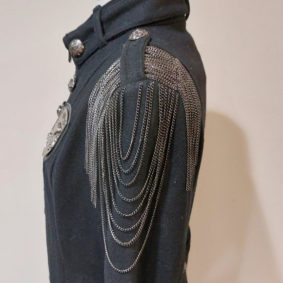 💥KILLER DESIGN💥Vintage Steampunk Chain Shoulder Military Wool Coat in Black - Picture 11 of 16